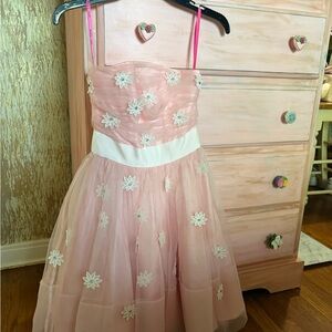 Betsey Johnson Pink Dress with White Waistband and Floral Appliqués